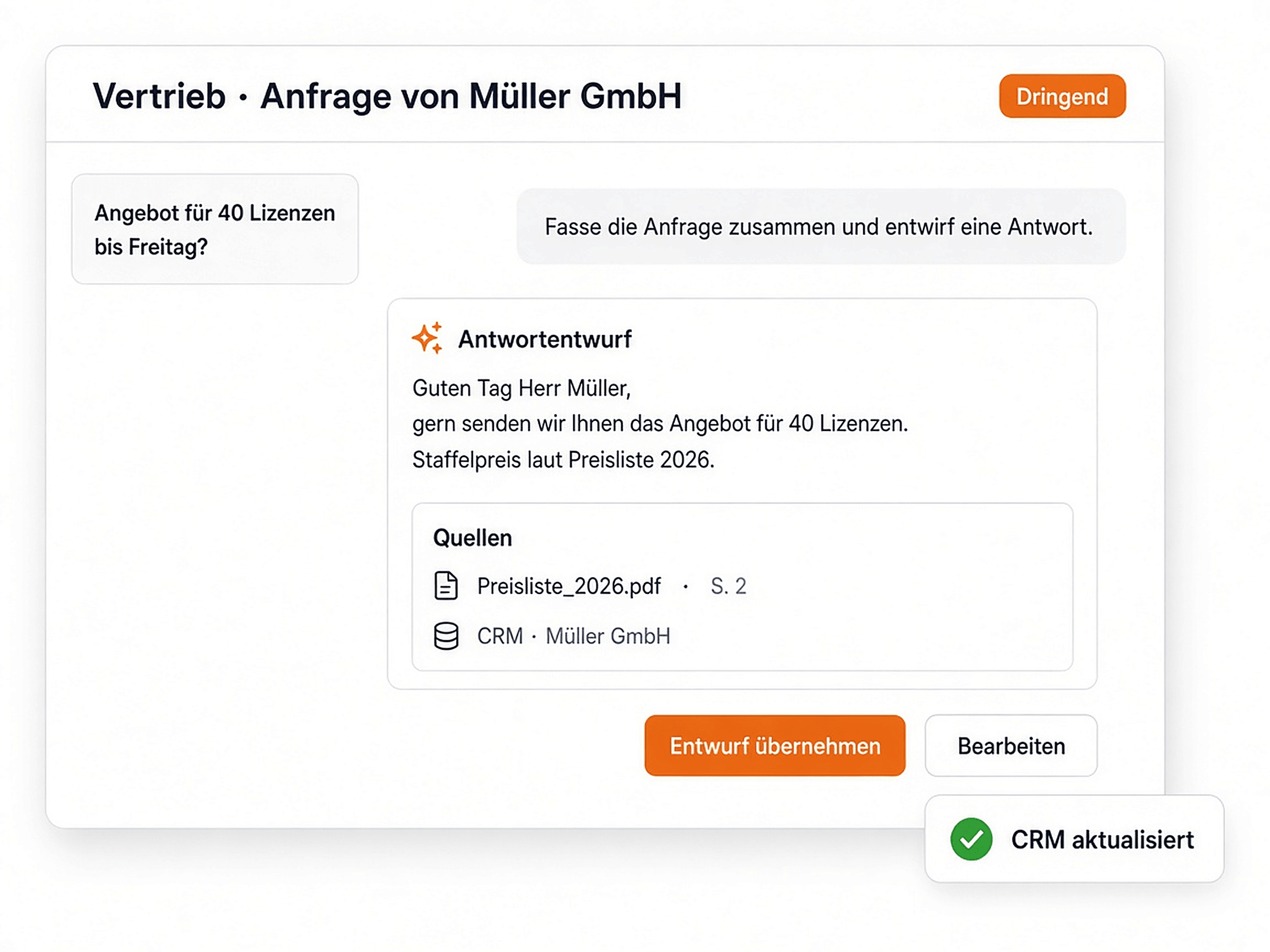 Chat mit Antwortentwurf zu einer Angebotsanfrage, Preisliste und CRM als Quellen