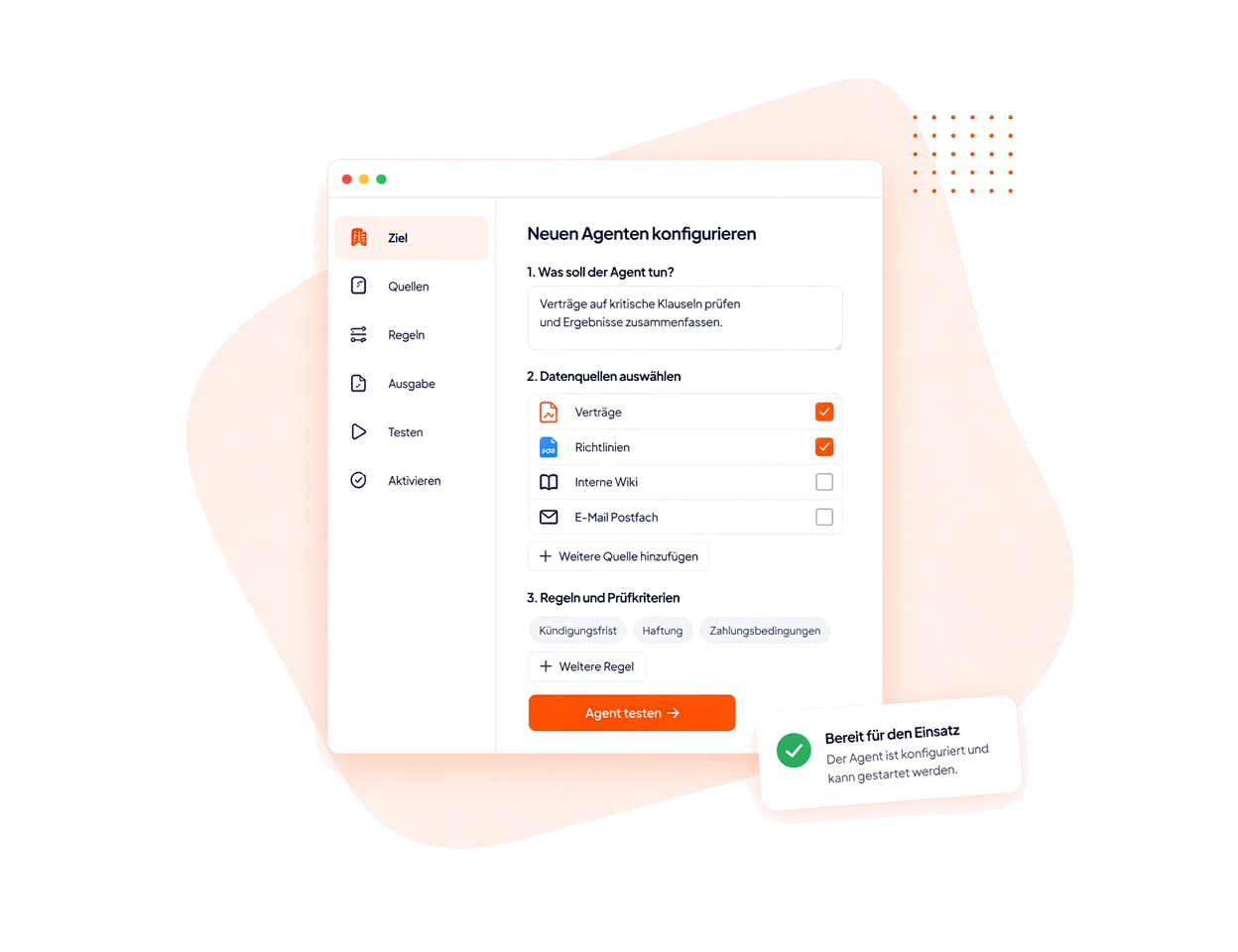 Konfiguration eines neuen Agenten: Aufgabe beschreiben, Datenquellen wählen und den Agenten testen