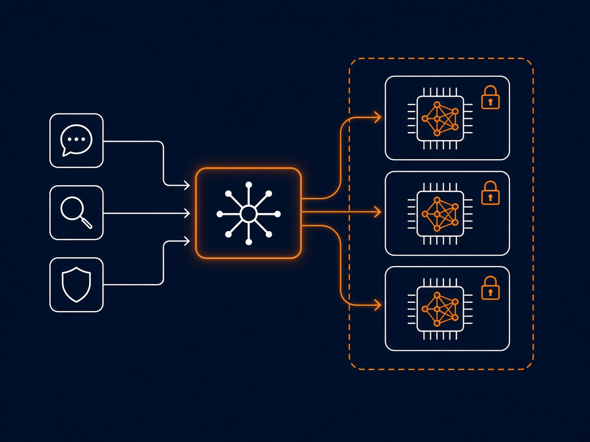 Chat, search and the safety check run through one shared routing layer onto several pinned models inside a sealed appliance