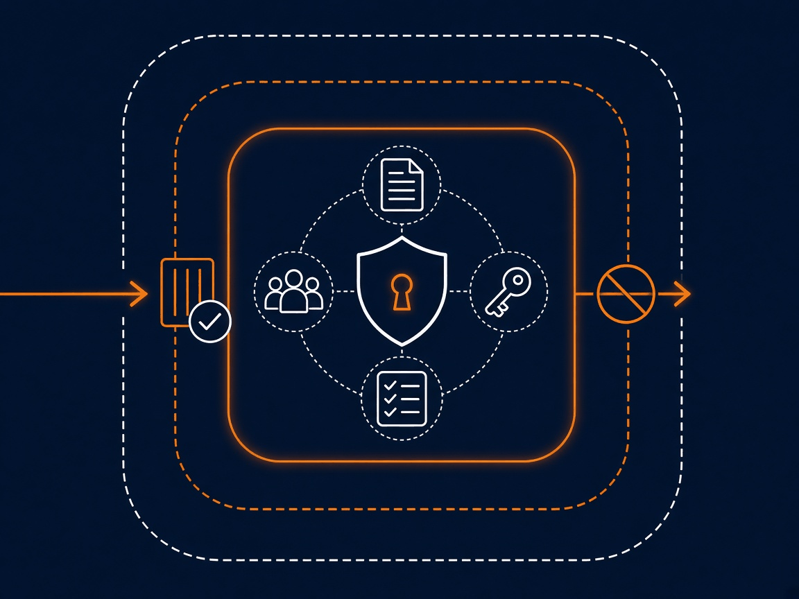 Several protective boundaries sit around a workspace; content passes a checkpoint, and there is no path out